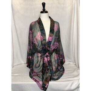 Victoria's Secret Vintage Gold Label Sheer Floral Robe Kimono OS Green Pink
